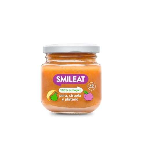 Smileat - Tarrito de Frutas Ecológicas con Pera, Ciruela y Plátano para peques +6 Meses - Sin Azúcar Añadido, Sin Sal, Sin Leche, Sin Huevos - 130g