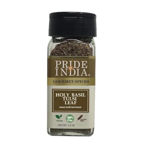 Pride of India – Sweet Holy Basil Leaf – Indian Tulsi Leaf Cut & Sifted – Gourmet Herb – Rich in Nutrients – Ocimum sanctum – GMO Free – Easy to Use – 0.5 oz. Small Dual Sifter Bottle