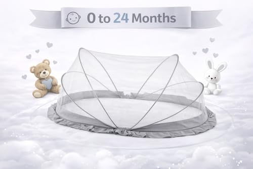 Image of DecorTwist Baby Mosquito Net for Bed - Foldable Pop-Up Dome Net for Newborns & Infants (0-24 Months) | Breathable Mesh, Insect & Fly Protection | 135x65x65 cm | Travel & Outdoor Safe (Gray)