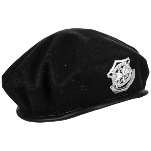 BESPORTBLE Performance Beret Hat for Women and Men, Woolen Black Beret Silver Badge, Classic Stage Dance Hat, Adjustable Fashion Headwear for Theater and Cosplay