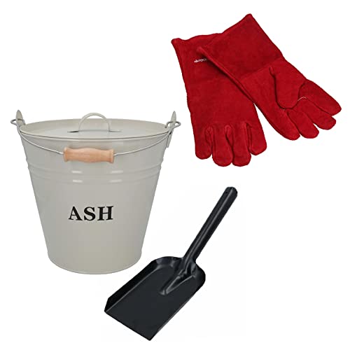 Cream Coal Bucket With Lid, 5 Shovel & Gloves Metal Ash Tidy Bin Log Burner