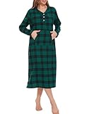 Zerbala Women's Midi Flannel Nightgown with Pocket Cotton Plaid NightGown XL Green