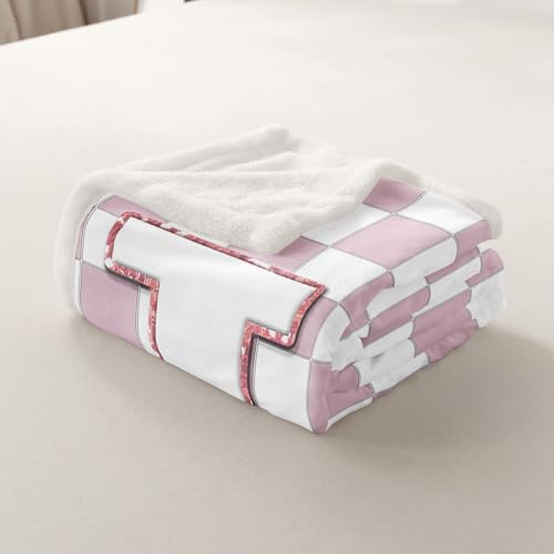 Image of Erosebridal Pink Initial J Fuzzy Plush Throw Kawaii Plaid Checkered Fleece Blanket Cute Personalized Monogram Sherpa Blanket for Kids Girls,Fashion Grids Gingham Decor for Bed Couch Throw 50 inchx60 inch