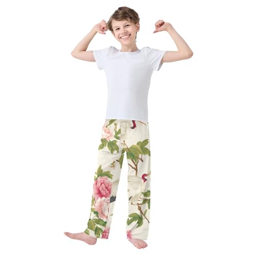 Crane Birds Peony Boys Long Pants Soft Trousers Elastic Waist Kids Lounge Bottoms with Pockets S-XL2