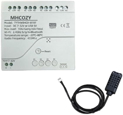 MHCOZY WiFi Temperature Humidity Monitor and Controller,Tuya app Remote Control 4 Channel Dry Contact Smart Relay Switch,Works with Alexa