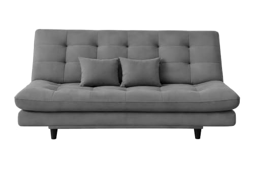 Image of 3-Seater Velvet Sofa Cum Bed | Tufted Convertible Sleeper Sofa | Plush Cushioned Seating | Space-Saving Design for Living Room, Bedroom & Office | Grey