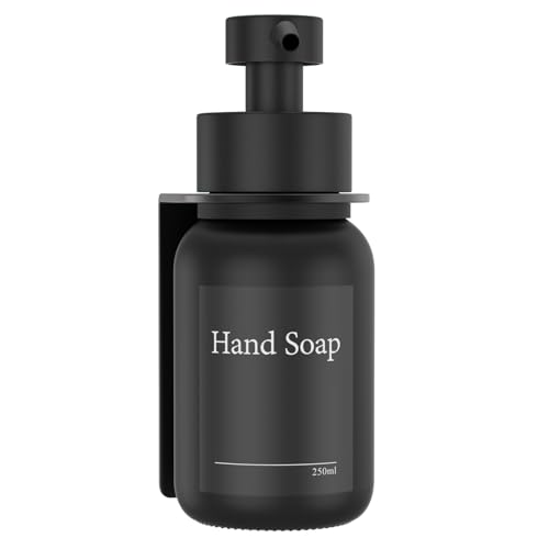 Glass Soap Dispenser, Wall mounted Soap Dispenser for Kitchen and Bathroom, Stainless Steel Pump Dispenser for Liquid Soap, No Drilling Required | 250 ml (Black/Black)