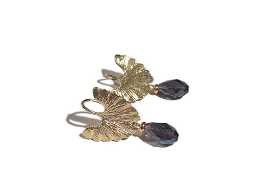 Boucles feuille gingko perles facettes laiton doré pendantes chic