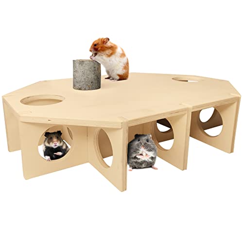 Fhiny Hamster House Maze, Multi Chamber Small Animals Wood Hideout with Feeder Bowl Natural Habitats Decor Tunnel Maze Toys for Syrian Hamsters Gerbils Mice