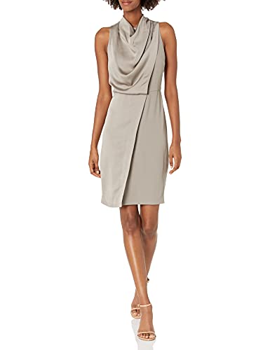 Halston Women's Sleeveless Cowl Drape Satin Crepe Combo Dress, Slate, 6 #TOP22