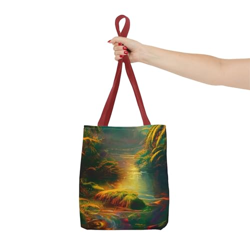 JujuVibe “Psychedelic River” Tote Bag – All-Over Tropical Stream Print, Spun Polyester Shoulder Bag, 13"×13", Color Handles4