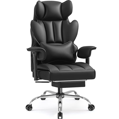 Furmax Big and Tall Office Chair, High Back Leather Gaming Chair with Footrest, Reclining Ergonomic Executive Chair with Lumbar Support for Heavy People 400lbs Home Office Desk Chairs (Black)