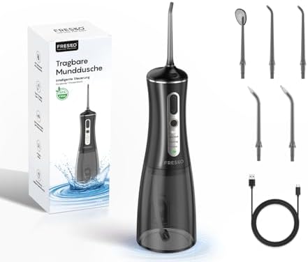 FRESKO Munddusche Kabellos Tragbar Elektrisch 300ML, Schwarz | 4 Modi 45-105 PSI, 2600 mAh Akku, IPX7 Wasserdicht, 5 Aufsätze Für Zahnspangen Und Implantate