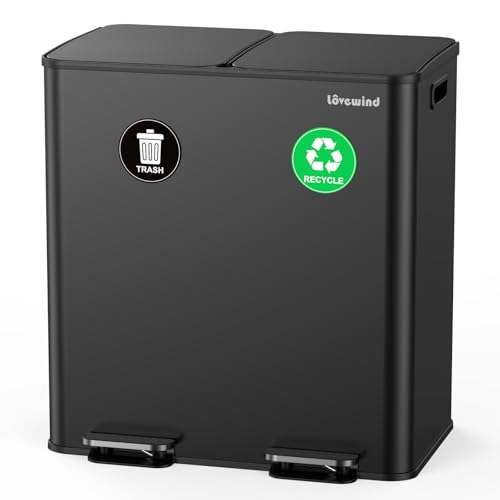 lovewind Papelera de Cocina, 2 * 30L Papeleras para Cocina, Papelera Doble para Reciclaje y Residuos, Negro, Bote de Basura de Acero Inoxidable con Tapa y Cubos Interiores, Gran Capacidad