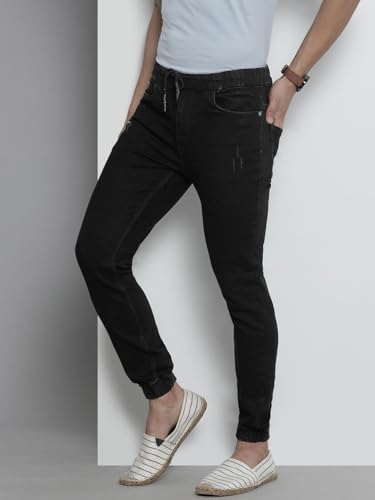 Image of The Indian Garage Co Men Slim Fit Solid Mid-Rise Stretchable Denim Joggers