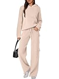 ANRABESS Women’s Two Piece Outfits Casual Knit Hooded Sweater Straight Leg Pants Set 2025 Fall Lounge Travel Clothes Beige X-Large