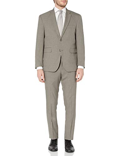 Louis Raphael Men's Slim Fit Two Button Side Vent Sharkskin Solid Suit, Taupe, 44 Regular
