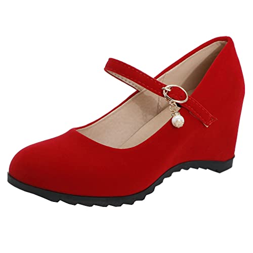 Parisuit Womens Round Toe Mary Jane Wedge Shoes Ankle Strap Heeled Pumps