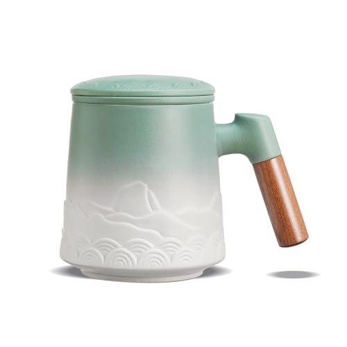 ZENS Tasse à Thé avec Infuseur et Couvercle, 500 ML – Tasse en Céramique Gaufrée pour Thé en Feuilles, Poignée en Bois – Mug avec Filtre pour Amateurs de Thé, vert matcha