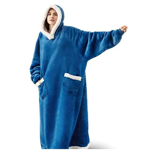 BELOF Cobertor com capuz estendido adulto roupão de banho longo, cobertor de lã de cordeiro cobertor de sofá vestível bolso vertical, azul unissex 150