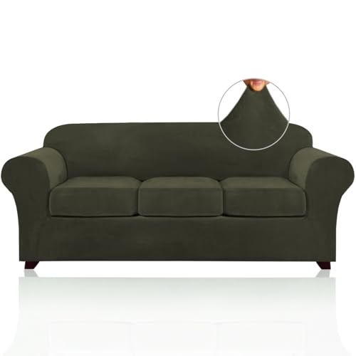 PrinceDeco Velvet Couch Covers for Sofa Soft 4 Pieces Couch Covers for 3 Cushion Couch Sofa Pet Friendly Furniture Protector with Non Slip Elastic Bottom Width Up to 90 Inch (Large, Olive)