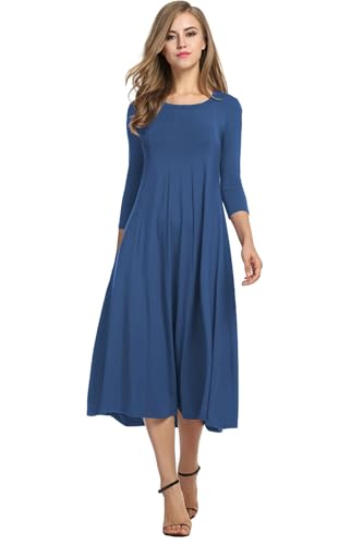 HOTOUCH Women's Comfy Cotton A Line Long Sleeve Scoop Neck Swing Dresses (Deep Sky Blue S)