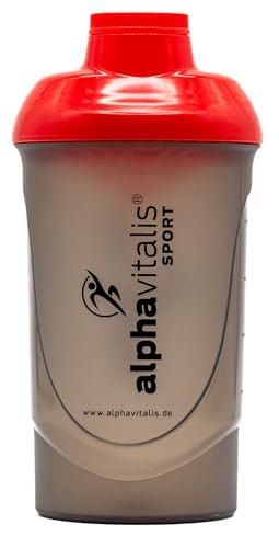 alphavitalis Protein Eiweiß Shaker 600 ml | Sport Fitness Bodybuilding | BPA frei | auslaufsicher | Mit Schraubverschluss und Sieb für cremige Shakes | schwarz rot