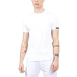 T-shirt Dsquared da uomo a tinta unita in colorazione bianco con molla elastica sulla manica con classica scritta del brand all'interno in contrasto di colore, linguetta sul fondo del brand, orlo con fondo dritto, tessuto in cotone e vestibilità slim