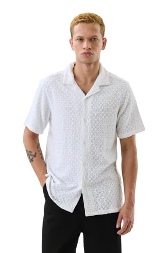 Image of SNITCH Men Casual Shirt | Regular Fit Half Sleeve Cuban Collar Textured Pattern with Embellished Sequins | 100% Viscose & Breathable Fabric for Everyday Wear