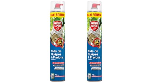 PROTECT EXPERT Aérosols Pour Nid De Guêpes Frelons & Frelons Asiatiques - 2x750 ML - Mousse - Jet Longue Portée Pulvérisation Jusqu’à 6m - Traitement A Distance - Action Choc & Foudroyante GUEP750X2