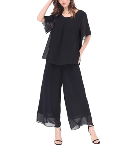 Women's Chiffon Summer 2 Piece Outfits Suit Blouse Top Capri Wide Leg Dress Casual Business Pants Sets