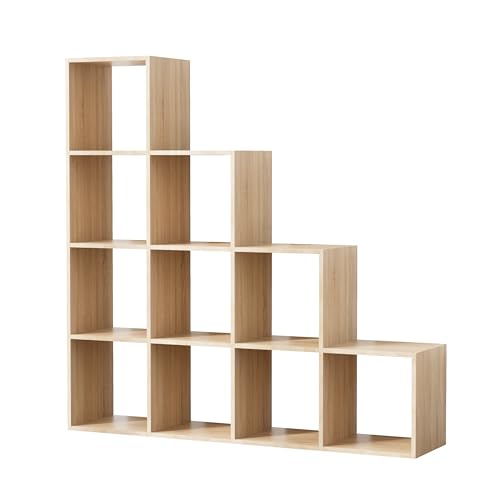 Garvishk Garvis Würfelregal 10 Fächer – Treppen-Design (130x130x29 cm) – MDF Raumteiler – Offenes Standregal für Bücher & Deko (Sonoma-Eiche)