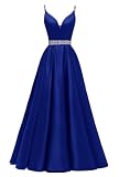 Yexinbridal Spaghetti Straps Satin Prom Dress Long for Womne 2026 V-Neck A-Line Beaded Formal Evening Party Ball Gowns with Pockets Royal Blue Size 8