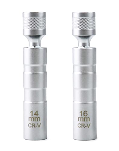 Image of QWORK 14mm&16mm Magnetic Swivel Spark Plug Socket, Thin Wall Magnetic Rotating 3 /8 inch Drive 12 Point Standard Spark Plug Socket Removal Tool 360-degree Rotation for Maximum Flexibility