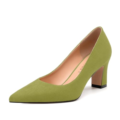 GUAVAIVY Women's Pumps, Pointed Closed Toe Fashion Chunky Heels, Slip On Mid Heel Shoes for Women Olive Suede Size 9