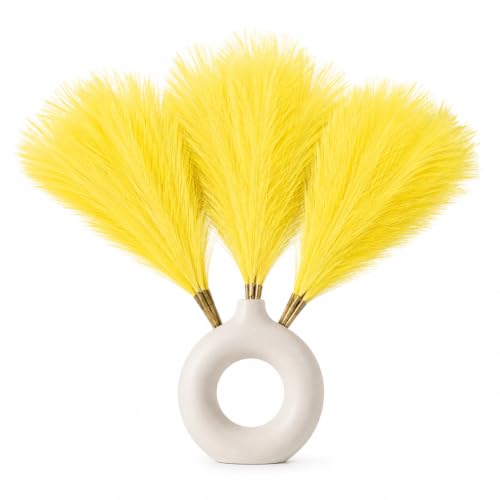 Image of Artificial Pampas Grass Set of 3 for Home Decor,Fluffy Dried Flower Stems for Vase Decoration, Boho Table Centerpiece, Artificial Flowers for Living Room Bedroom Office Decor (Yellow)