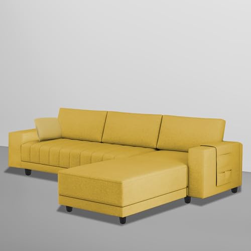 Image of BRAXTON Louis RHS 4 Seater L Shape Sofa Set for Living Room (Yellow Fabric) Premium Fabric Sofa