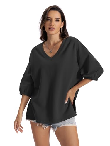 EasyGala Womens Cotton V Neck Sweatshirt 3/4 Sleeve Slouchy Fit Going Out Tops Trendy Side Slit Work Shirt Casual Fall Lightweight Outfits Y2K Winter Clothes 2025 Black Medium — view 3