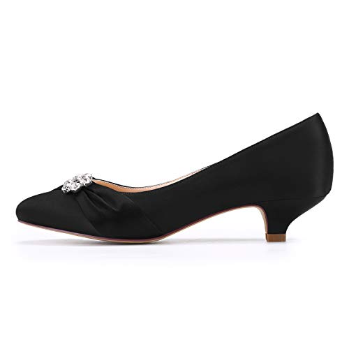 ERIJUNOR Women Closed Toe Comfort Kitten Heels Rhinestones Satin Wedding Evening Dress Shoes2
