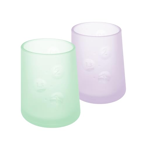 Image of Olababy First Cup | Clear Sense 100% Silicone Infant Trainer Cup | 2oz Medicine Cup for Newborn | Non-Slip & Sloping Design for Tiny Hands & Baby Led Weaning (Mint/Lilac, 2 Cups)