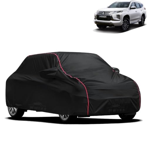 Image of Waterproof Car Cover for Mitsubishi Montero | All-Weather Protection, Dustproof & UV Resistant | Triple Stitched Mirror Pockets, Windproof Buckle Strap with Elastic Hem, Black-Red Piping