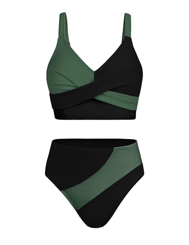 Girls Swimsuits Bikini Set Color Block Criss Cross V Neck Teen Girl Swimsuit Two Piece Cut Bathing Suit