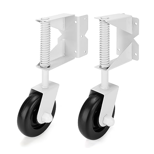 YONSIN 4.3″ Heavy Duty Caster Wheel with Spring Loaded for Wooden Gate Fences, 360 Swivel, Right-Angle Mount Plate for Metal Gate, Yard Fence, 220 Lbs Capacity, L&R, White