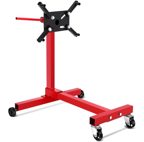 Garvee Engine Stand, Rotating Engine Stand 340 kg Capacity, Heavy Duty Motor Hoist Dolly with Folding Steel Frame, 360° Adjustable Head, 4 Caster Base & 4 Adjustable Arms, Red