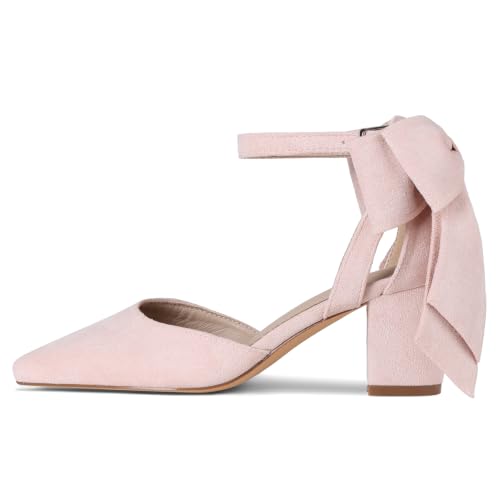 Yremael Women's Pink Bow Heels Pointed Toe Pumps Ankle Strap Chunky Block Kitten Heel Dress Shoes - image 3