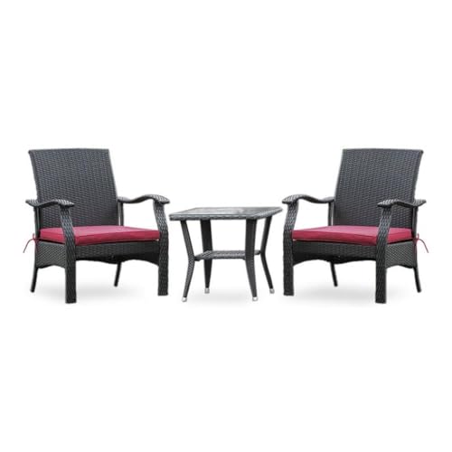 East West Furniture DTL3C01B 3 Piece Patio Furniture Sets Outdoor Wicker Set Contains a Rectangle Wicker Tea Table with Glass Top and 2 Balcony Armchair with Cushion, Small, Black
