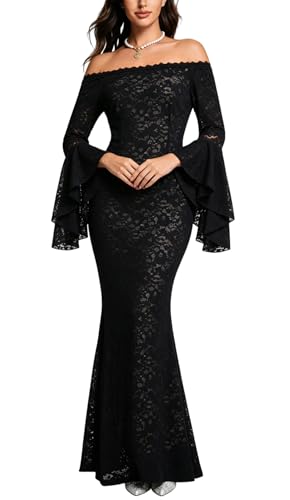 Image of Cercis Womens Off The Shoulder Floral Lace Maxi Wedding Dress Boho Flowy Wedding Guest Formal Long Dresses