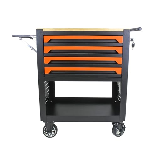 Btfnest 4 Drawers Tool Cart, Multifunctional Tool Cart with Wheels and Wooden Top, Rolling Tool Chest with Adjustable Shelf for Warehouse, Workshop (Orange)