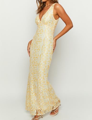 Image of Elegant Lace Floral V Neck Backless Bodycon Dresses for Women Sexy Cut Out Low Back Sleeveless Maxi Dress Wedding Guest