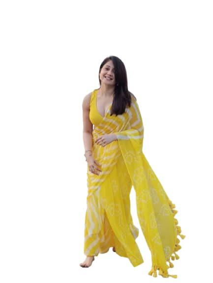 Yellow and White Printed Saree with Tassel Border, Sheer Fabric, Casual Wear Yellow and White Printed Saree with Tassel Border, Sheer Fabric, Casual Wear